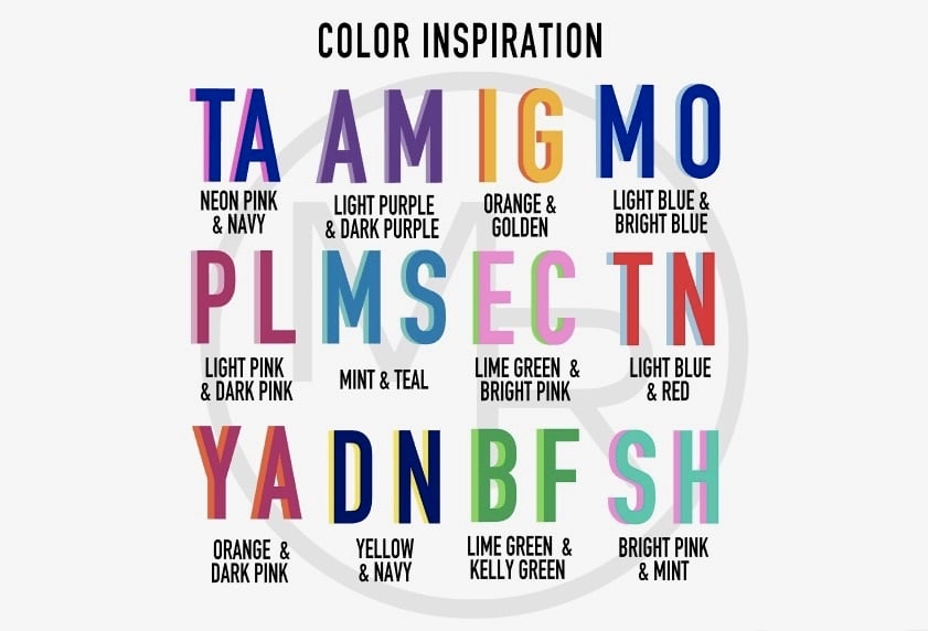 Color inspiration chart showing twelve popular two-color vinyl monogram combinations